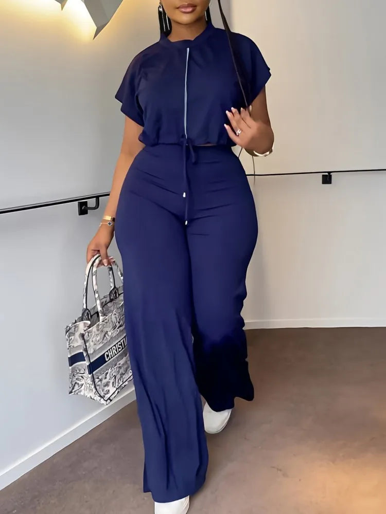 Women's Casual Short Sleeve Top and High Waist Pants Set
