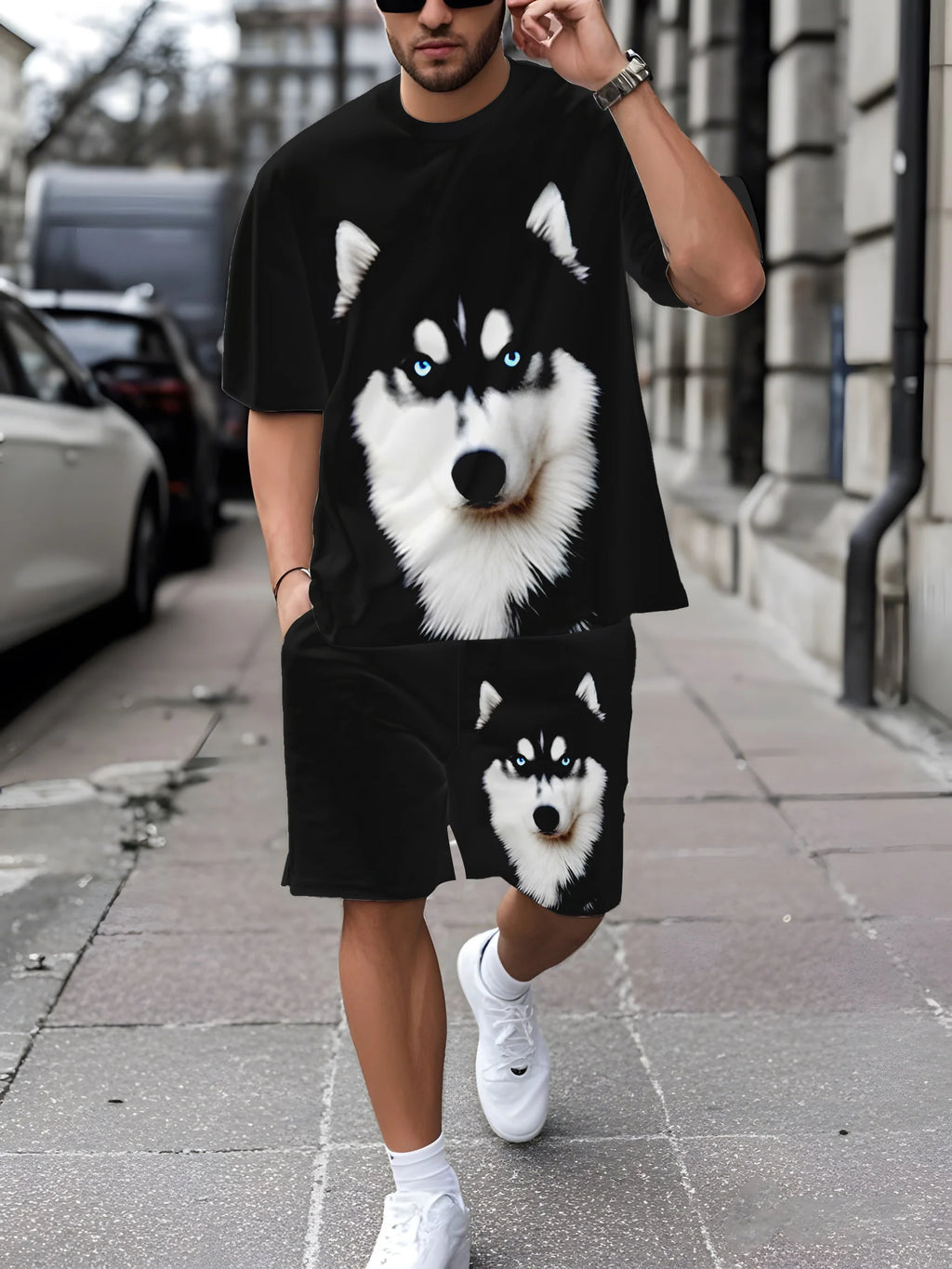Men's Casual Graffiti Print T-Shirt and Shorts Two Piece Set