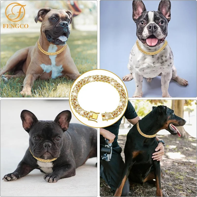 Luxury Gold Stainless Steel Dog Chain Collar with Jeweled Accents