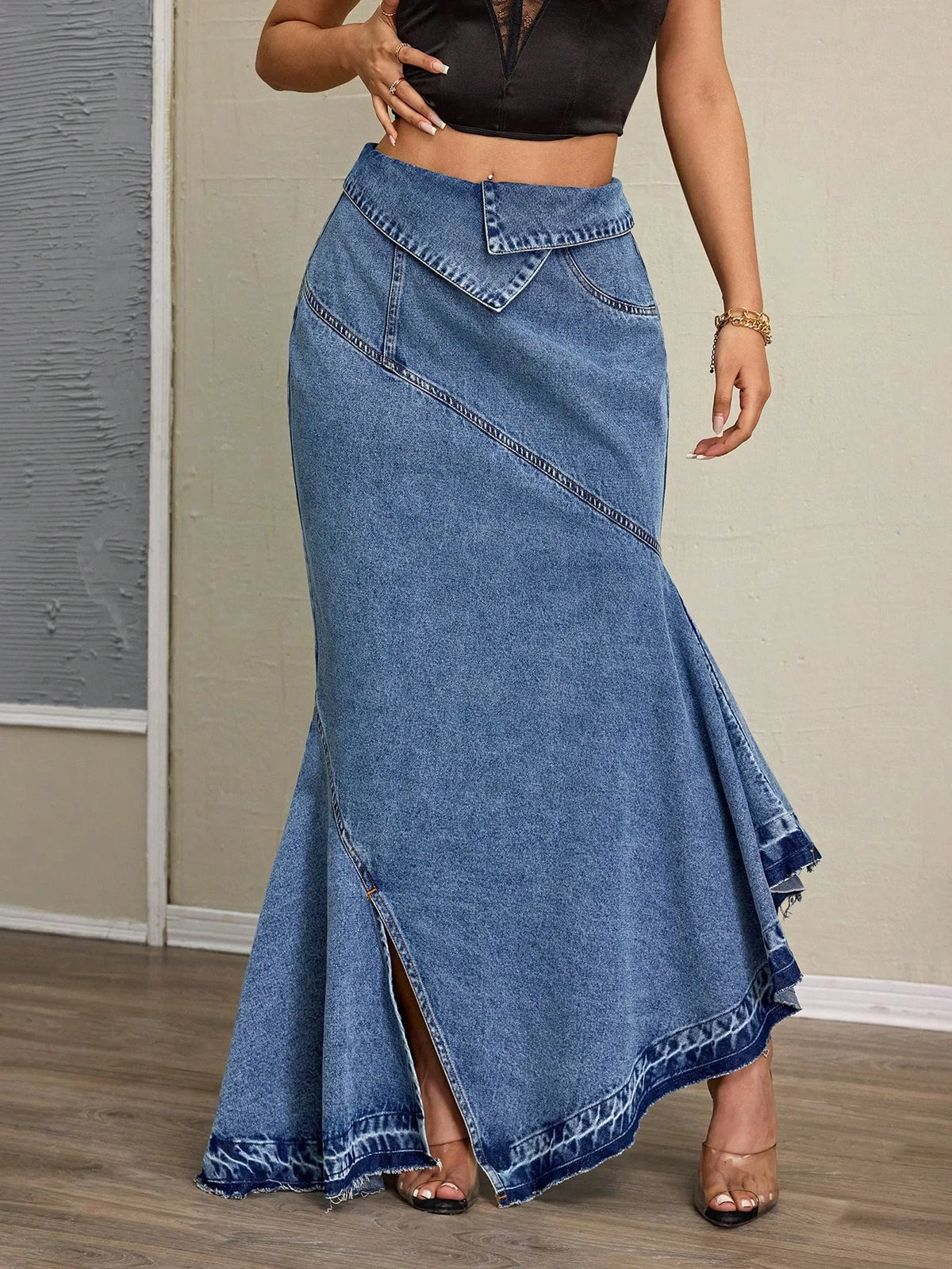 Women's Slim Fit High Waist Fishtail Denim Skirt Blue
