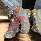 Women's Rhinestone High-Top Sneakers Diamond Lace-Up Casual Boots Thick Bottom