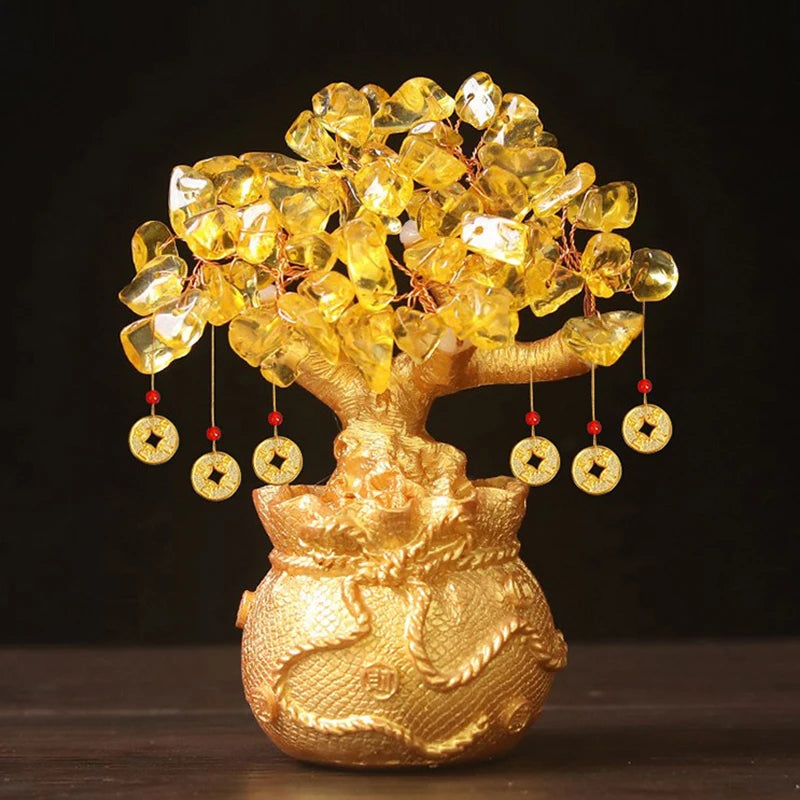Feng Shui Yellow Crystal Money Tree Bonsai and Tabletop Ornament