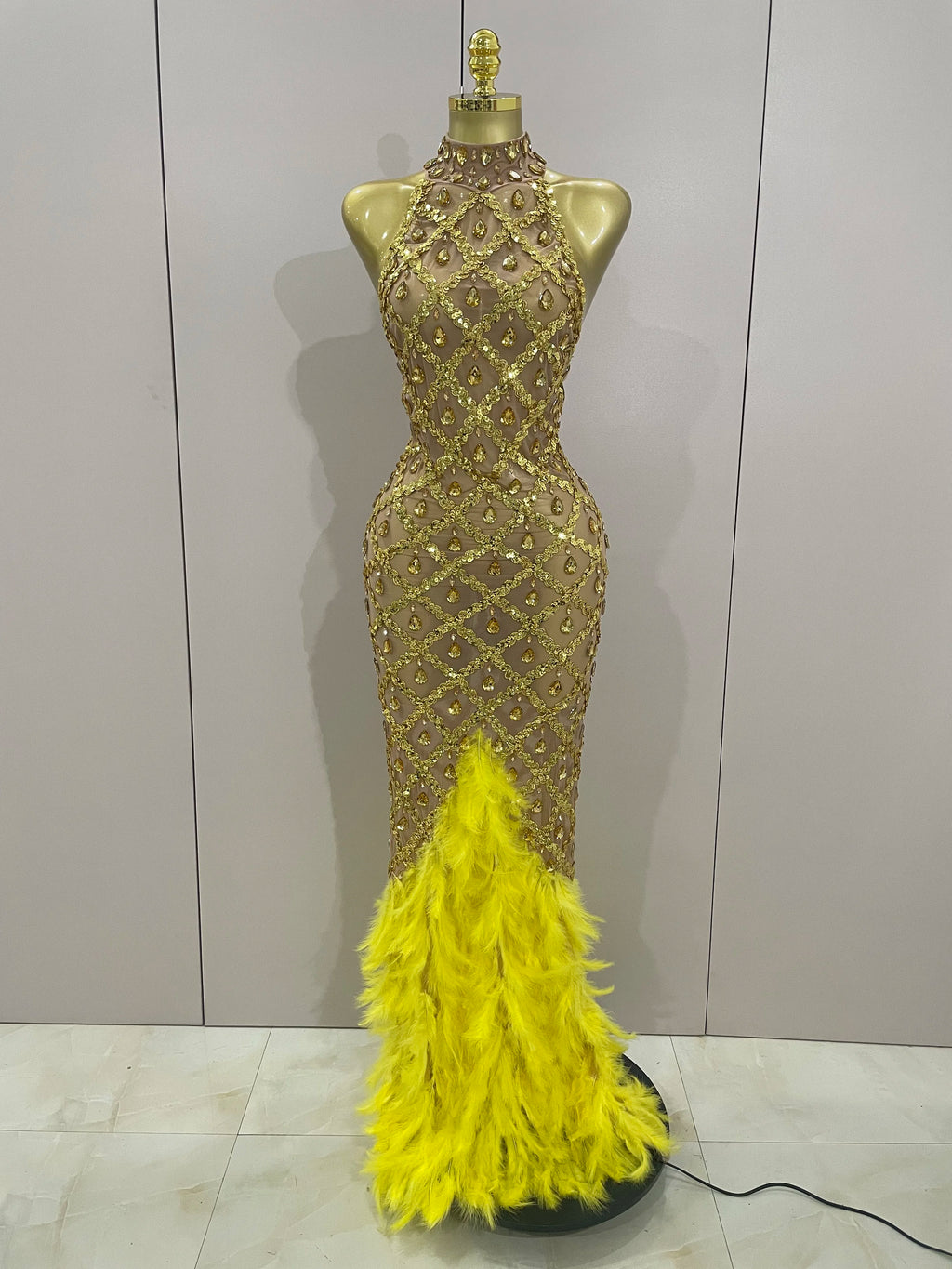Women's Sparkly Rhinestones Feather Mesh See Through Long Dress