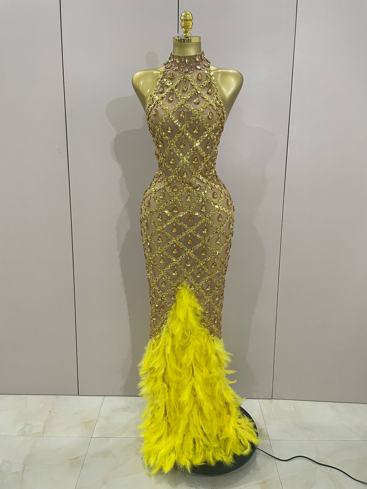 Women's Sparkly Rhinestones Feather Mesh See Through Long Dress