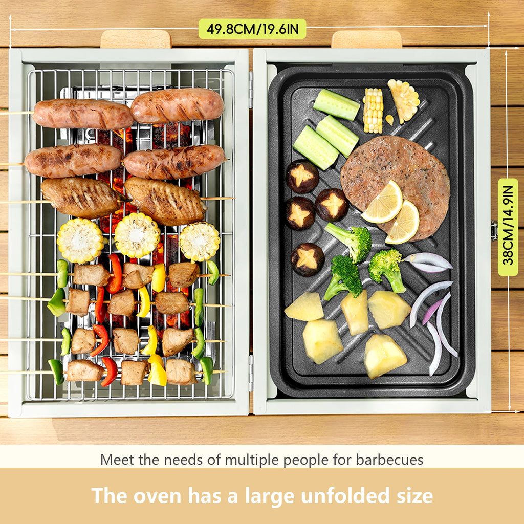 Portable Charcoal Barbecue Grill and Dual-Side Camping Stove