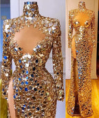 Women's Sequins High Neck Long Sleeve Split Evening Dress