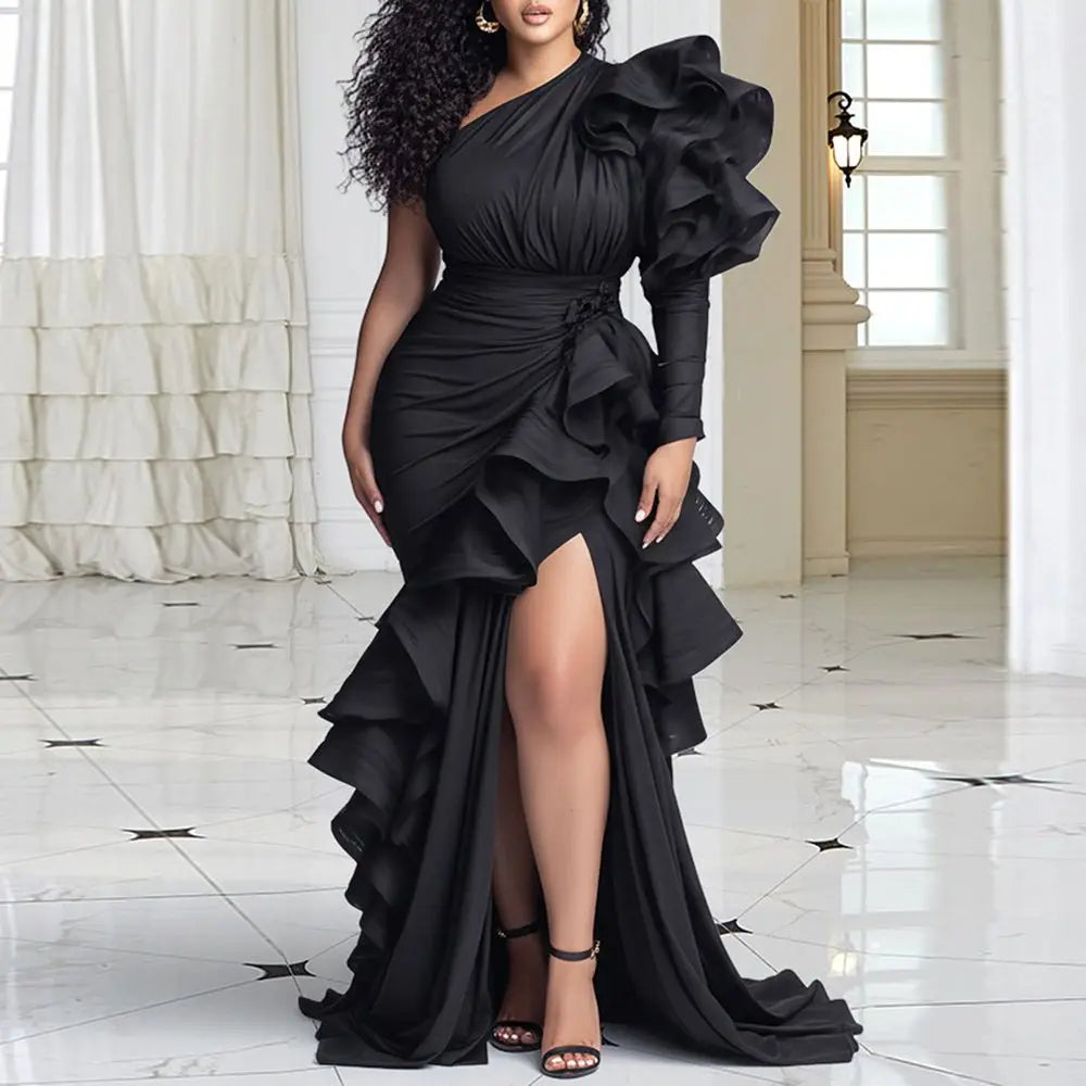 Women's One Shoulder Tiered Ruffle Long Sleeve Maxi Dress