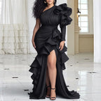Women's One Shoulder Tiered Ruffle Long Sleeve Maxi Dress