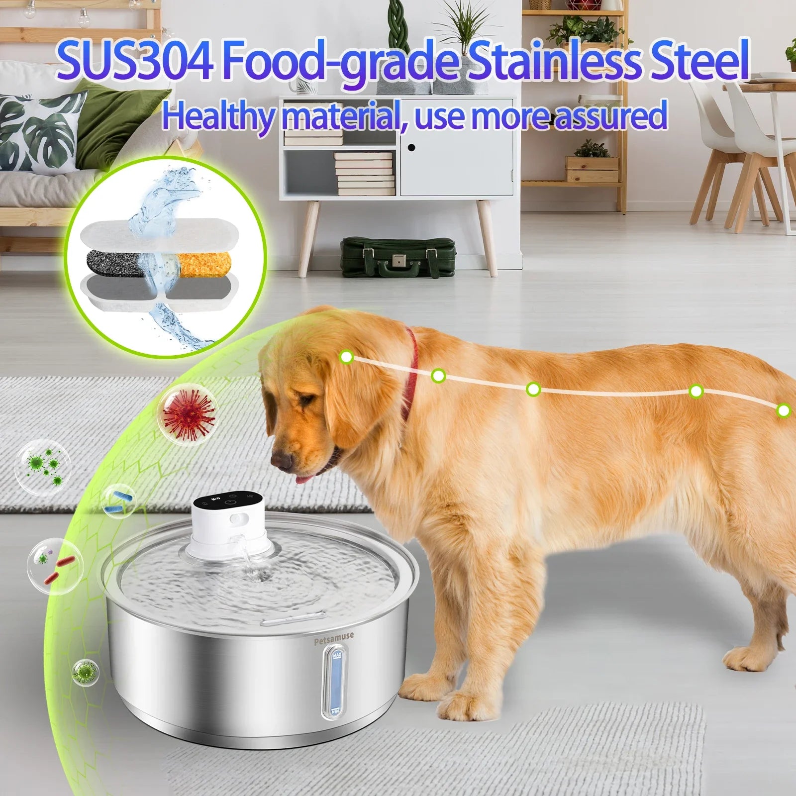 8L Automatic Stainless Steel Dog Water Fountain 5000mAh Wireless Pet Drinker Battery & Sensor 2-in-1 Dispenser