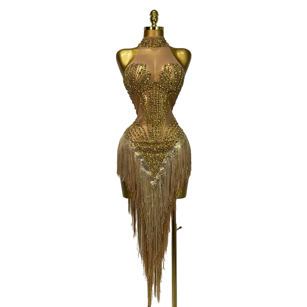 Women's Sexy Rhinestone Tassel Mesh Sleeveless Party Mini Dress