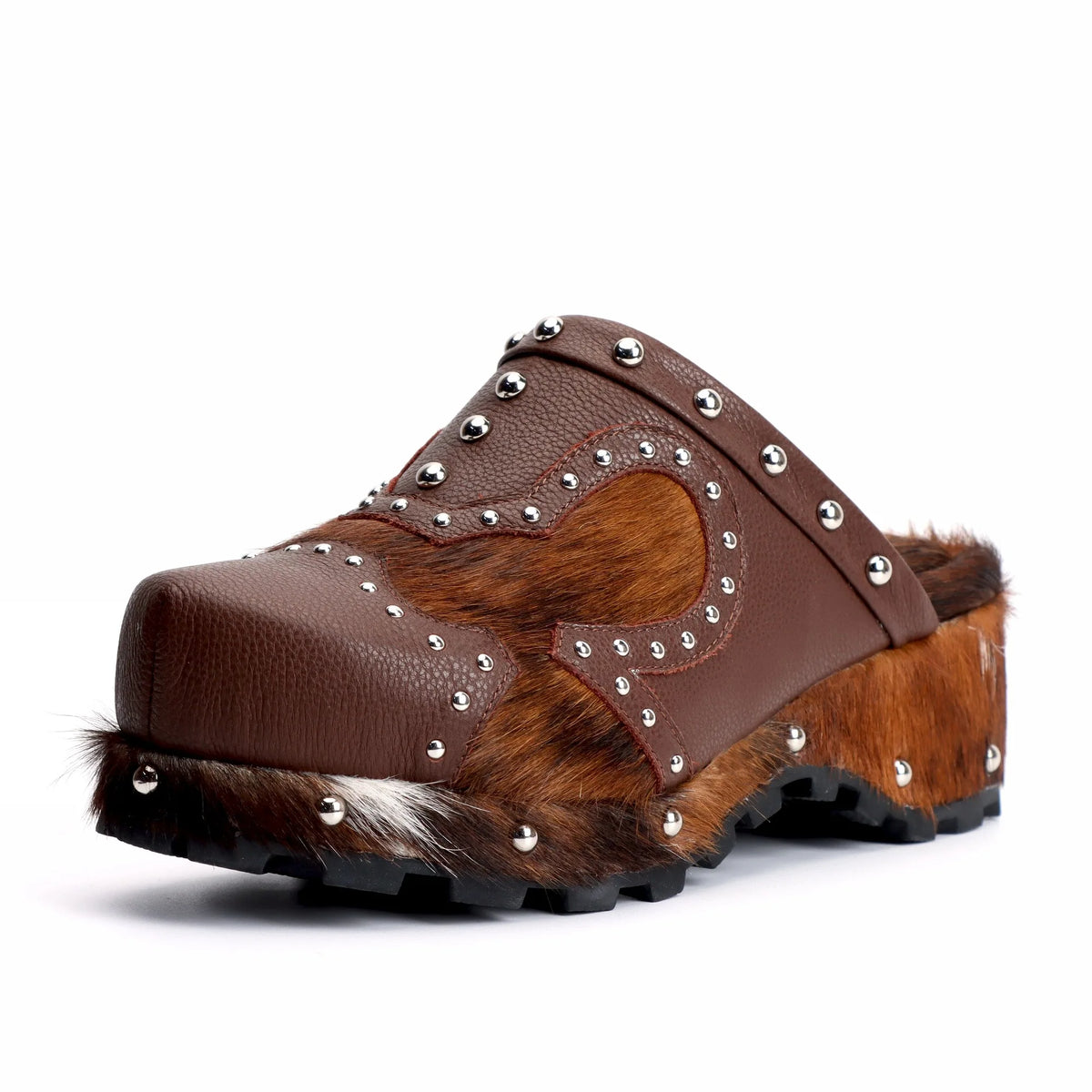 Women's Handmade Studded Fur Platform Clogs