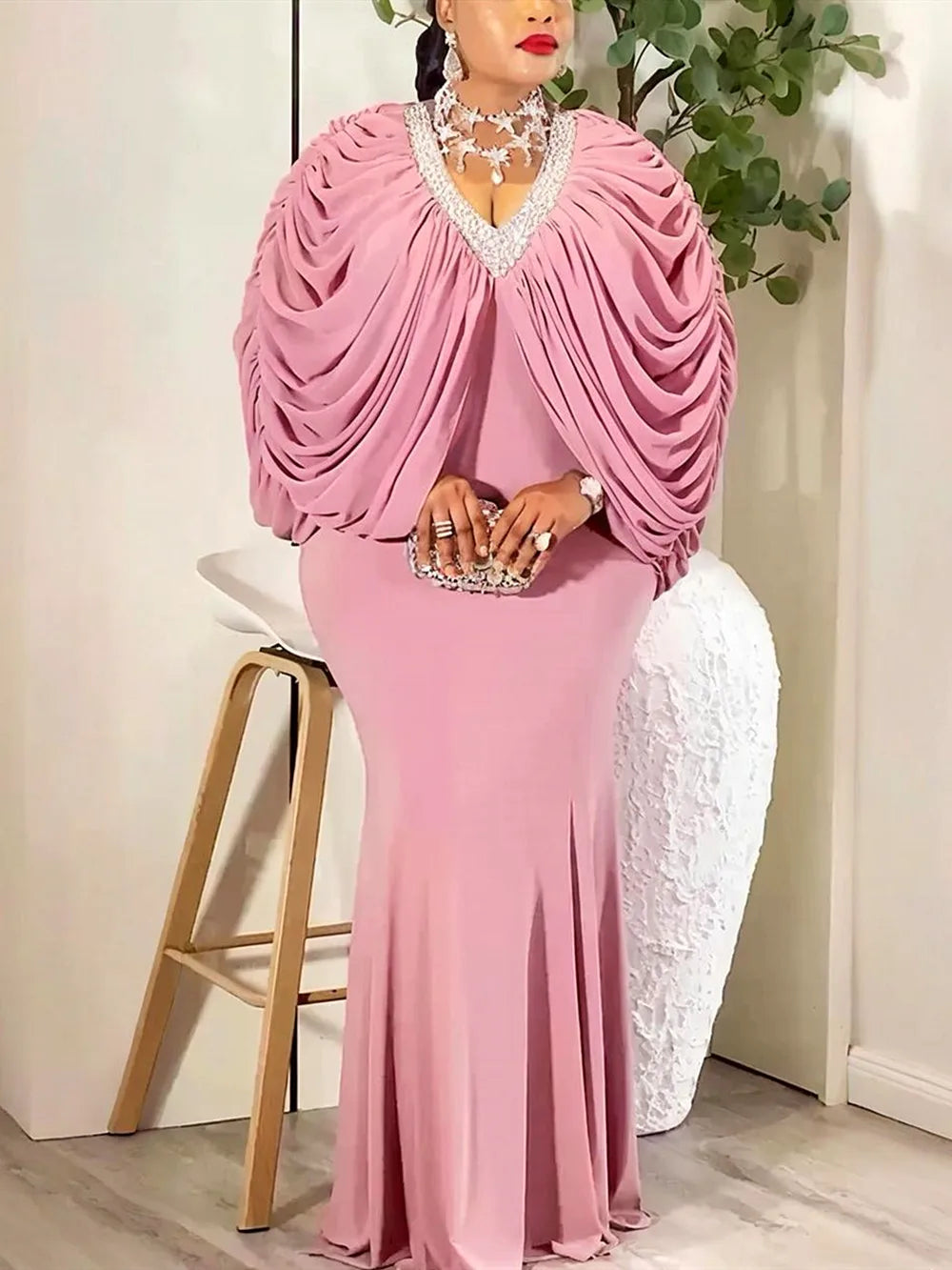 Women's African Print Batwing Sleeve Evening Maxi Dress