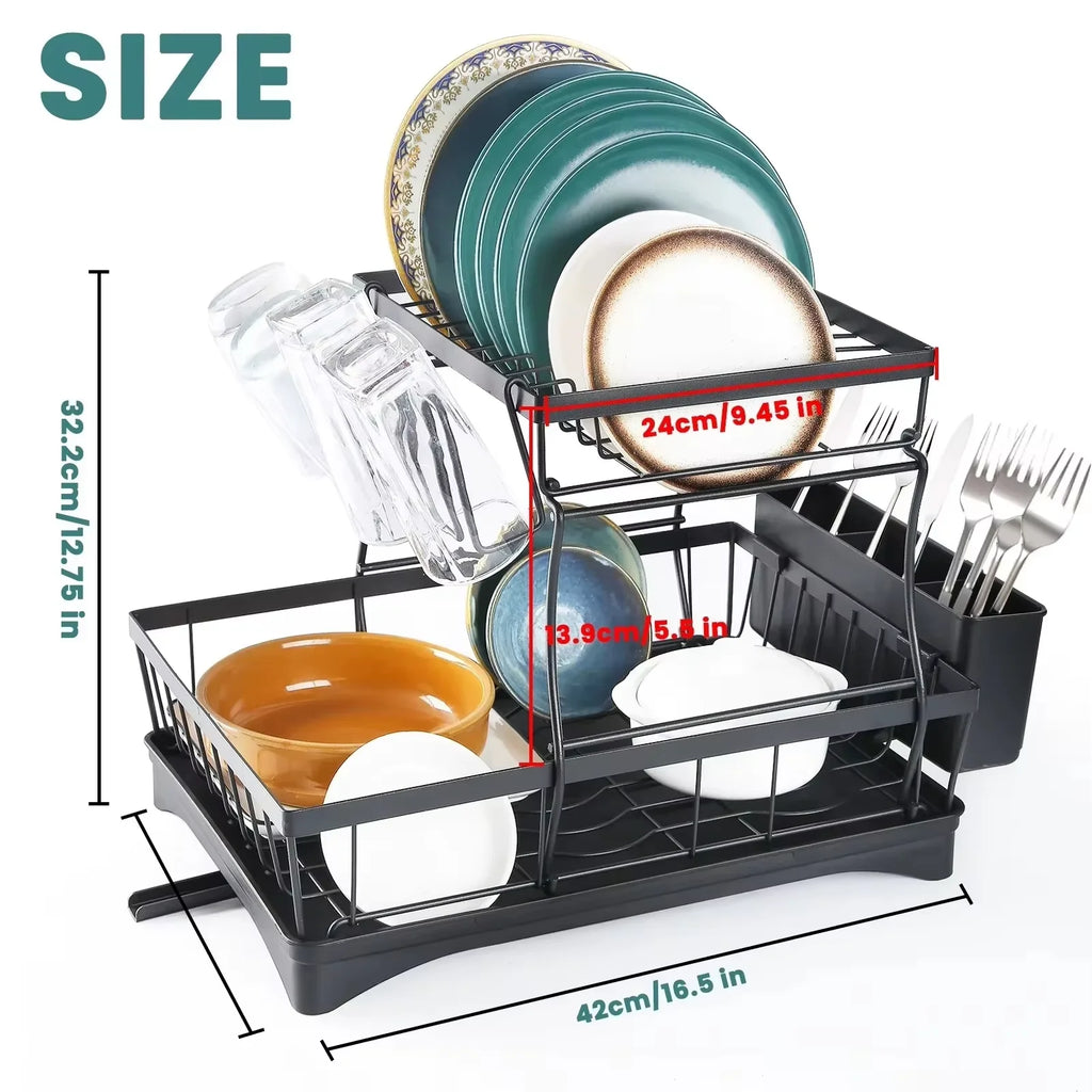 2-Tier Kitchen Dish Drying Rack with Swivel Spout Drip Tray