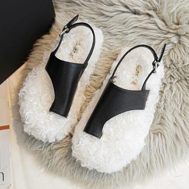 Women's Fluffy Clip Toe Back Strap Slippers with Buckle