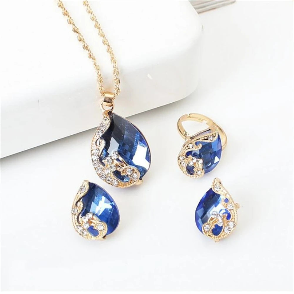 Women's Fashion Elegant Double Heart Necklace Earrings Bracelet Jewelry Set