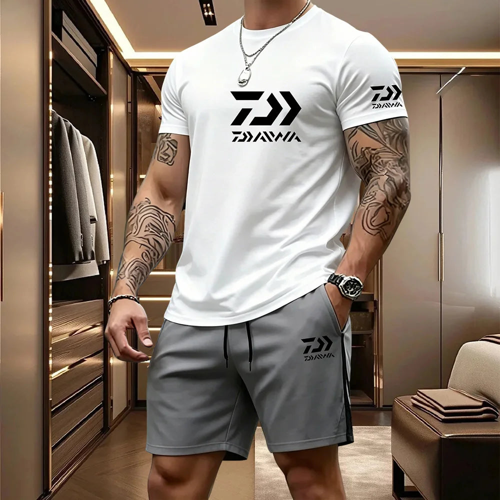 Men's Casual Round Neck T-Shirt and Drawstring Shorts Set