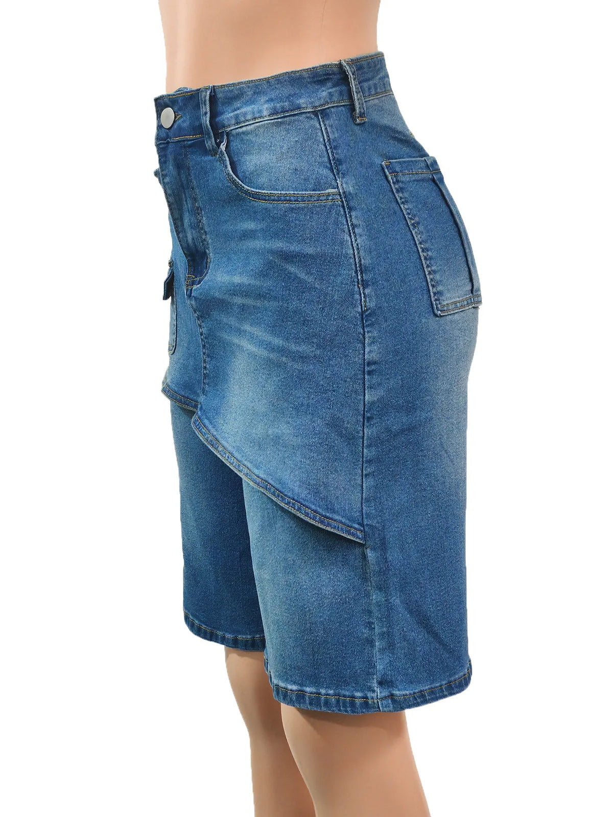 OKAYOASIS Women's High-Waisted Denim Cargo Shorts Vintage Streetwear Blue