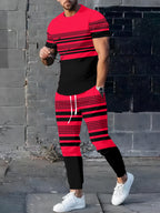 Men's Casual Striped Print Long Sleeve T-Shirt and Drawstring Pants Set