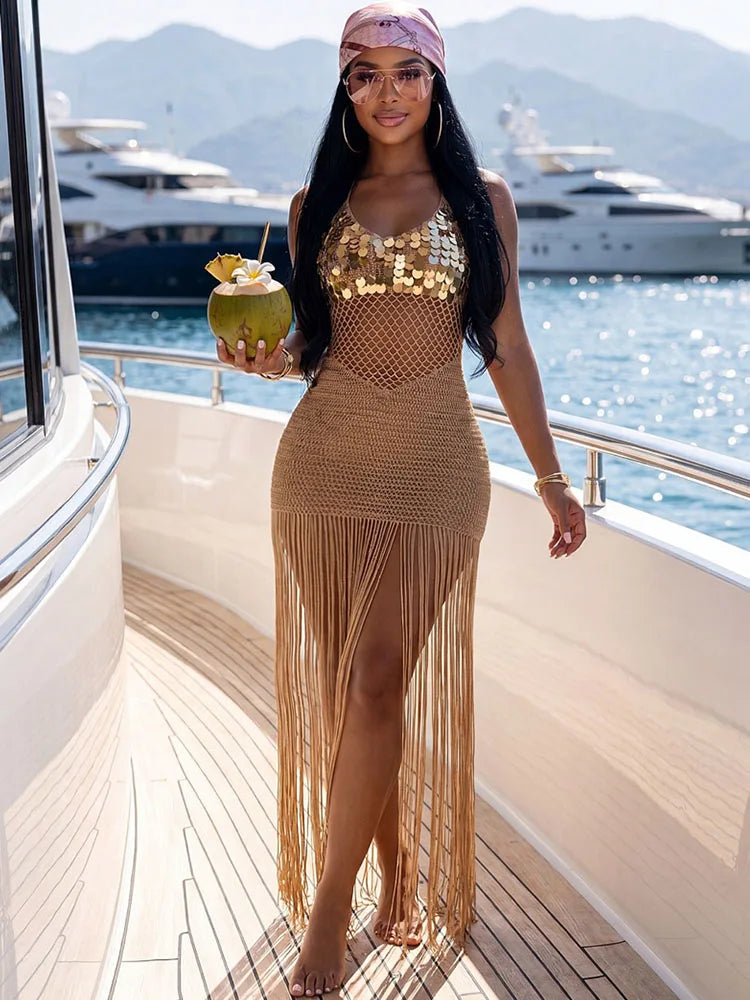 Women's Sexy Fringe Tassel Knitted Crochet Maxi Dress