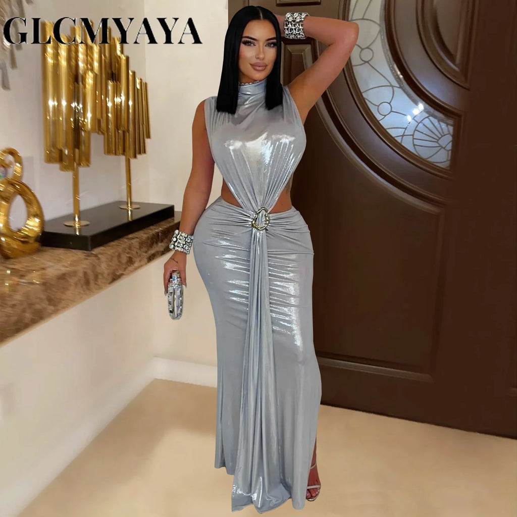 Women's Sexy Gilding Sleeveless Cutout Bodycon Maxi Dress