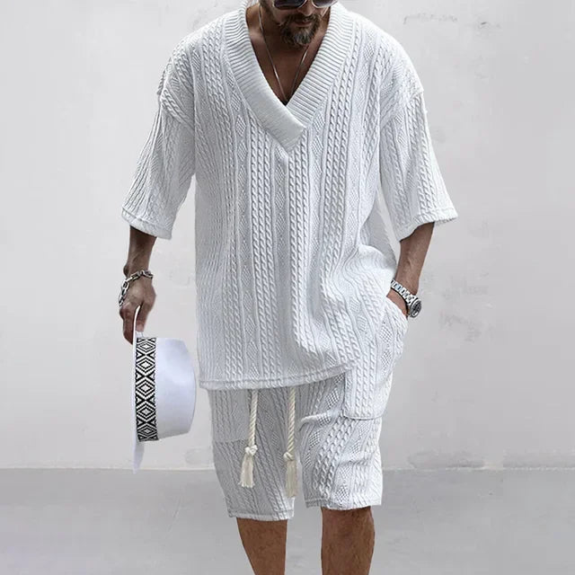 Men's V-Neck Short Sleeve Knitted T-Shirt and Shorts Casual Two-Piece Set