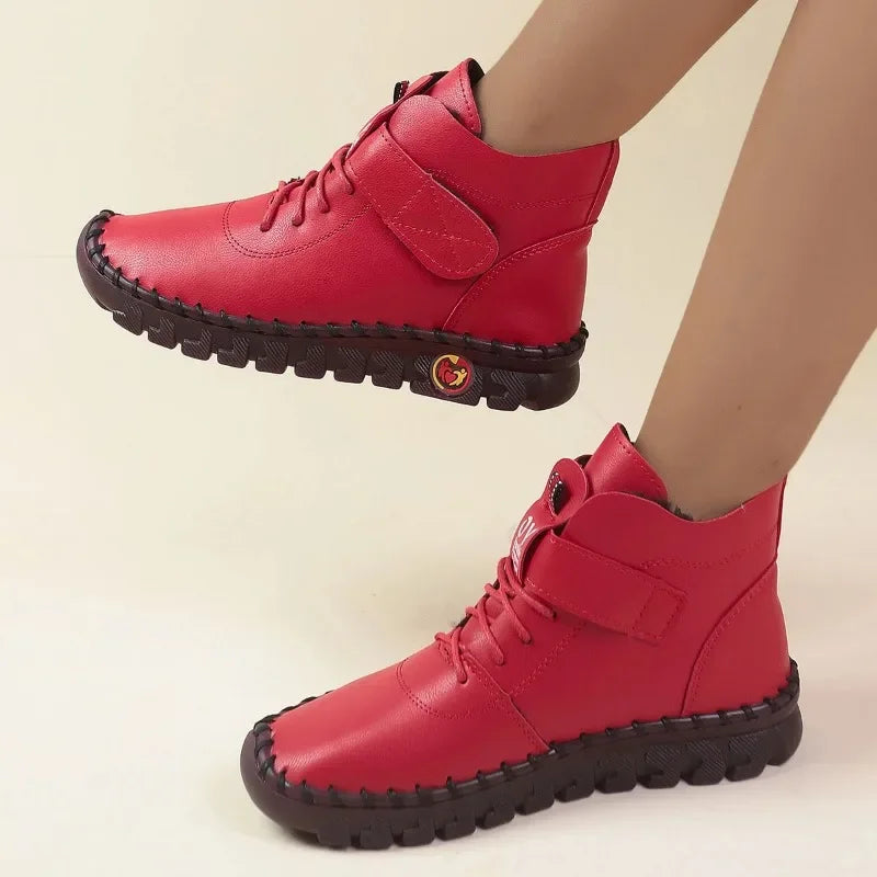 Women's Winter Flat Ankle Boots Short Plush Lining Round Toe Hook & Loop
