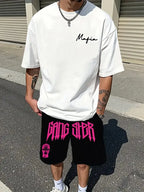 Men's 3D Letter Print Round Neck T-Shirt and Drawstring Shorts Set