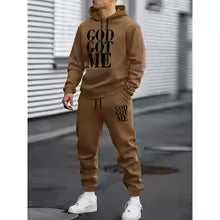 Men's Autumn Letter 3D Print Hoodie and Sweatpants Tracksuit Set
