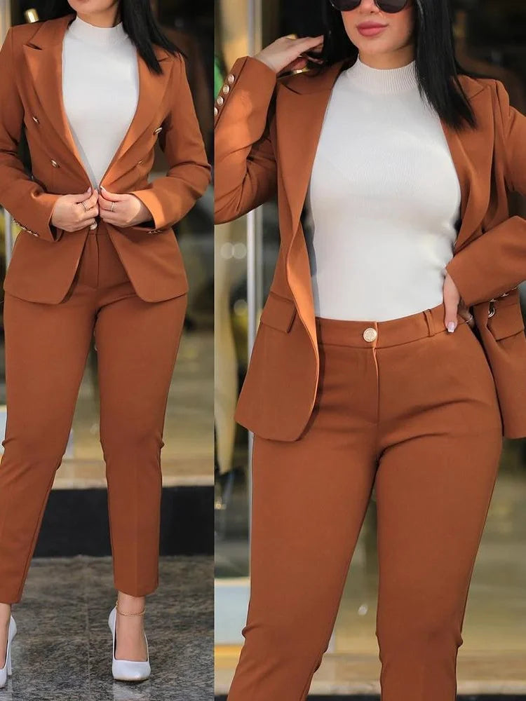 Women's Solid Lapel Blazer Slim Pants Set