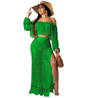 Women's Off Shoulder Tassel Hollow Out Maxi Skirt Set