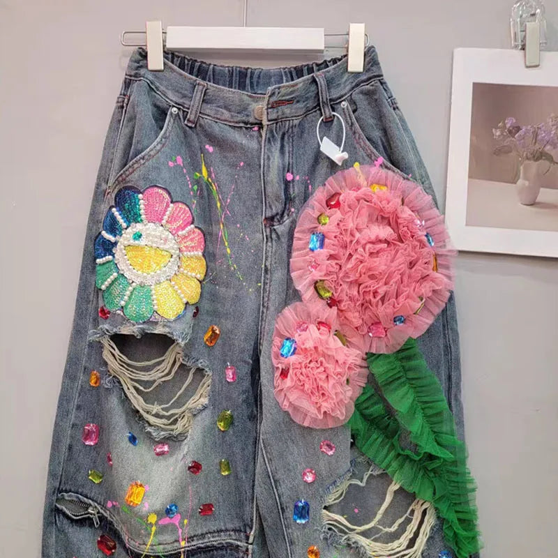 Women's 3D Flower Beaded Elastic High Waist Loose Jeans