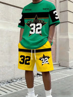 Men's Letter Stripe Print Round Neck T-Shirt and Drawstring Shorts Set