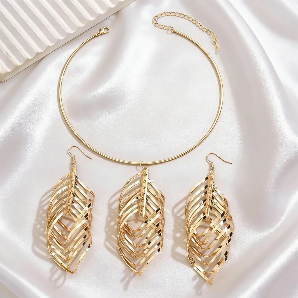 Women's Fashion Elegant Fringed Leaf Collar Necklace and Earrings Jewelry Set