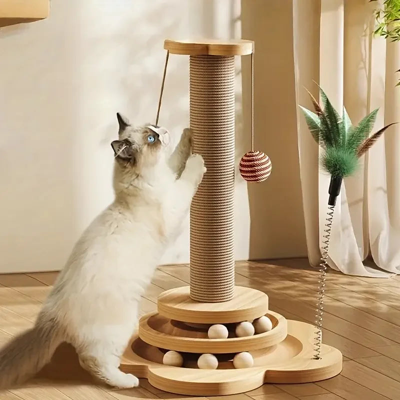 Wooden Rotating Cat Scratch Board with Non-Shedding Fiber Chew Toy and Stand