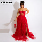 Women's Lace Patchwork Ruffle Split Bodycon Maxi Dress