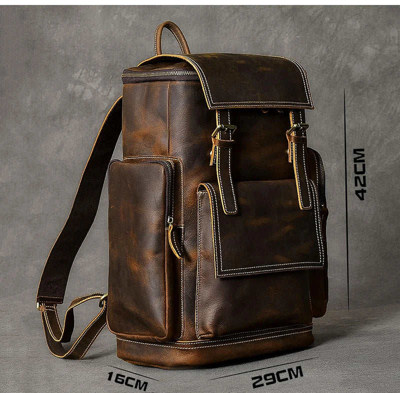 Men's Fashion Genuine Leather Large Capacity Hiking Travel Backpack