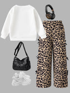Girls' Leopard Bow Sweatshirt Wide Leg Pants Two-Piece Set