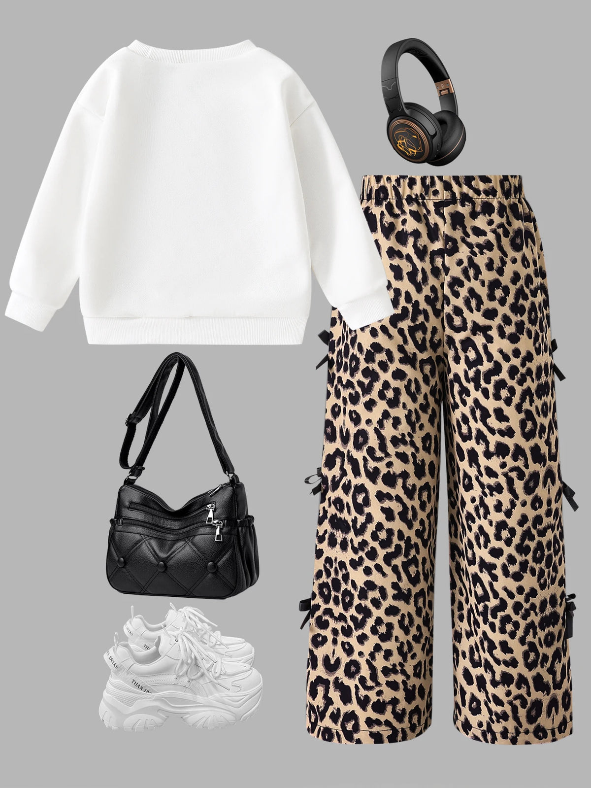 Girls' Leopard Bow Sweatshirt Wide Leg Pants Two-Piece Set