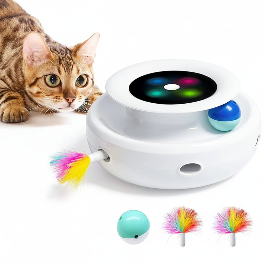 2-in-1 Automatic Cat Toy with Feather Wand and Fun Ball, 5 Modes