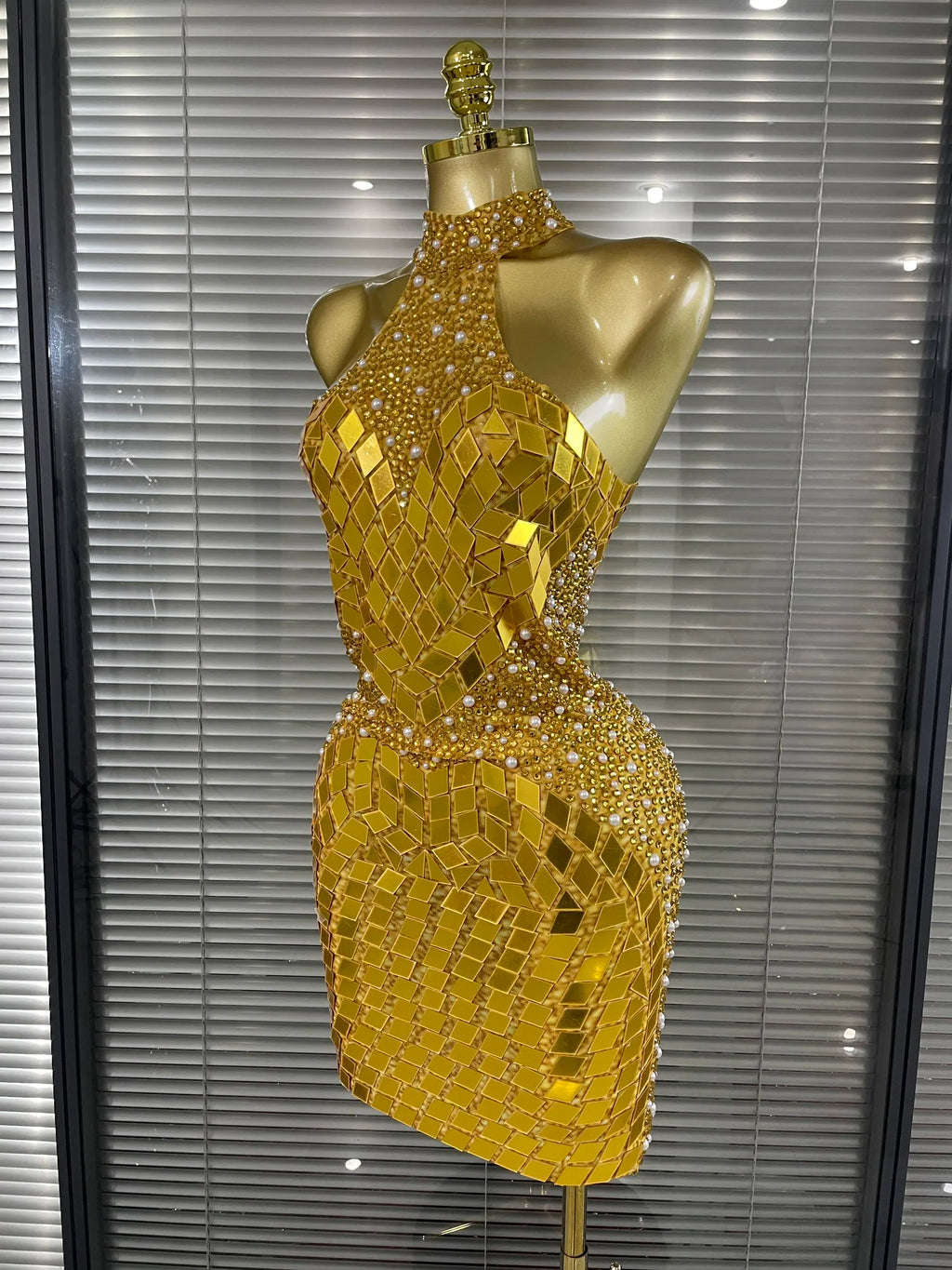 Women's Sexy Rhinestone Mirror Off the Shoulder Bodycon Mini Dress