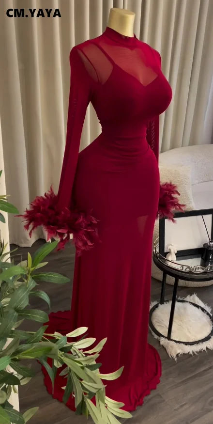 Women's Feather Ruched Long Sleeve Mermaid Maxi Dress