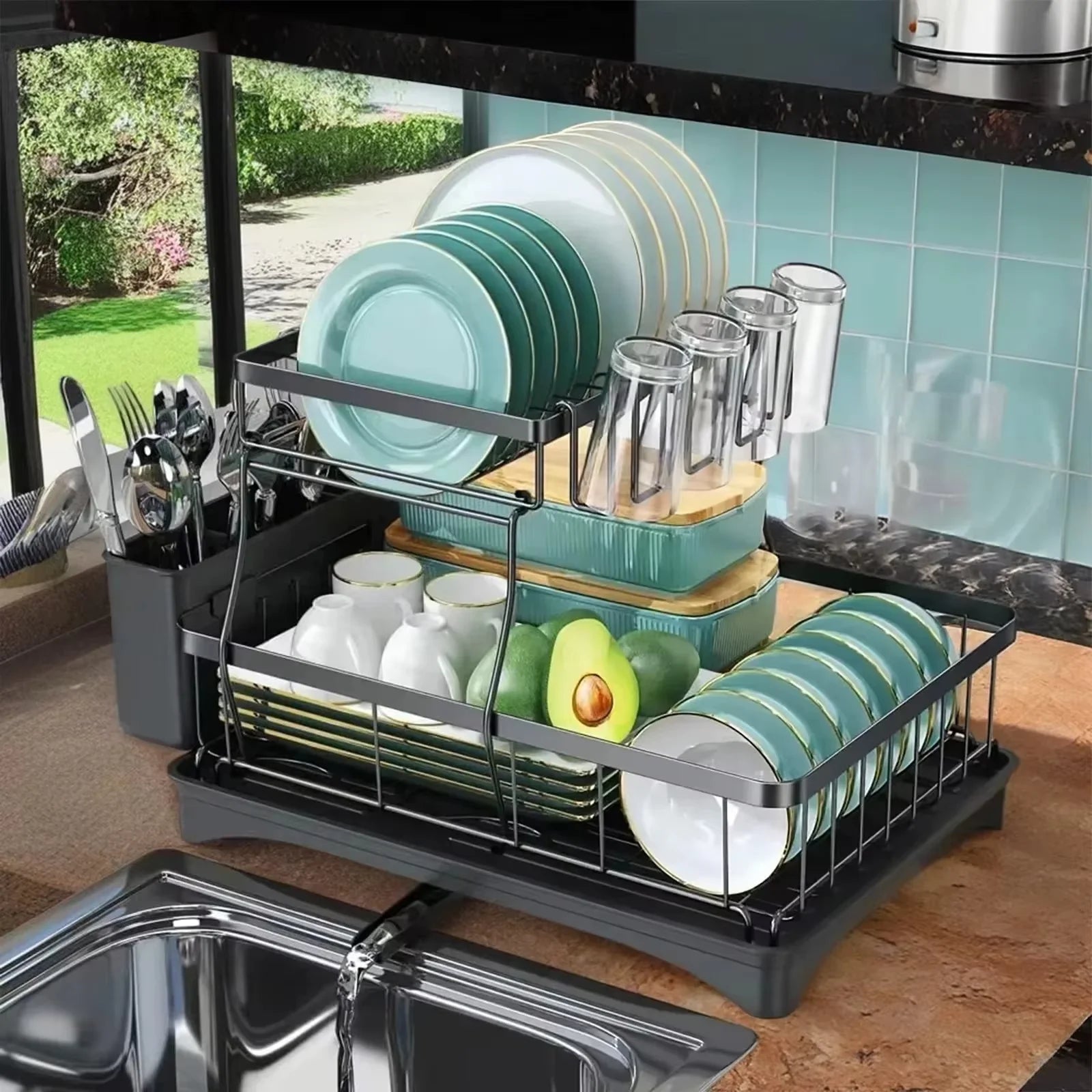 2-Tier Kitchen Dish Drying Rack with Swivel Spout Drip Tray