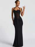 Women's Sexy Mesh Patchwork Halter Ruched Maxi Dress