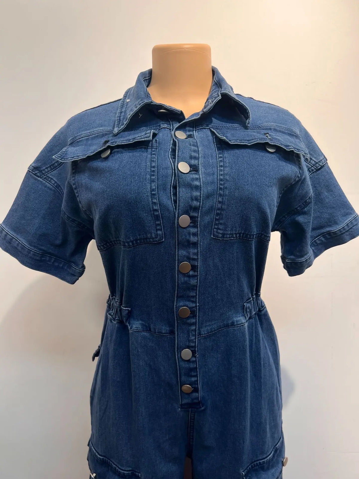 Women's Short Sleeve Denim Cargo Jumpsuit