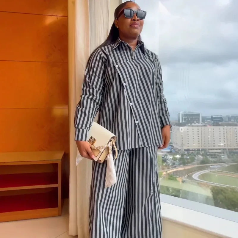 Women's Striped Button Shirt Wide Leg Pants Set
