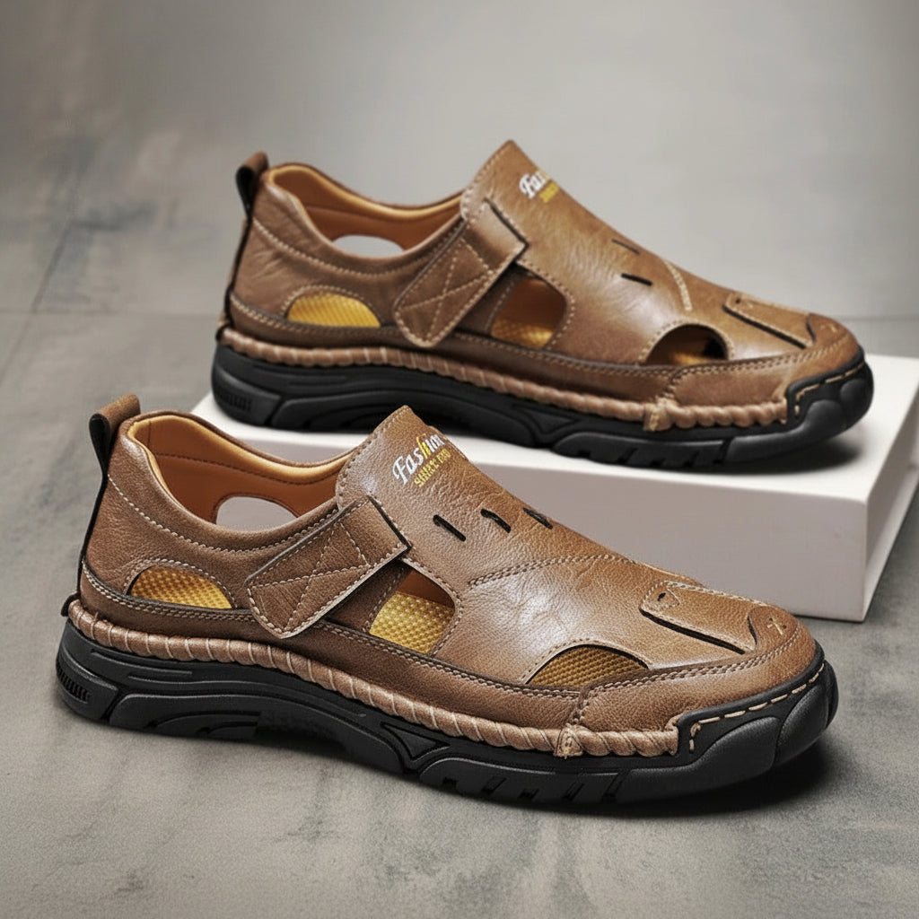 Laxsesu Men's Closed-Toe Leather Sandals Breathable Hollow Outdoor Shoes