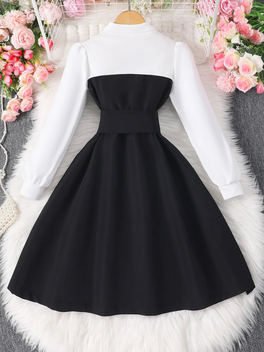 Girls' Contrast Color Lapel Long-Sleeved Dress QZ24218A