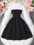 Girls' Contrast Color Lapel Long-Sleeved Dress QZ24218A
