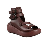 Women's Retro Leather Wedge Sandals Platform Mid Heel Shoes