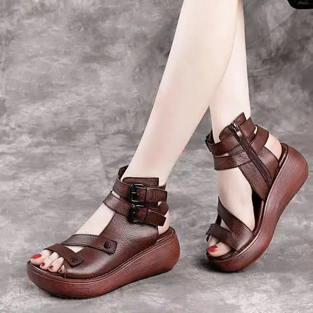Women's Retro Leather Wedge Sandals Platform Mid Heel Shoes